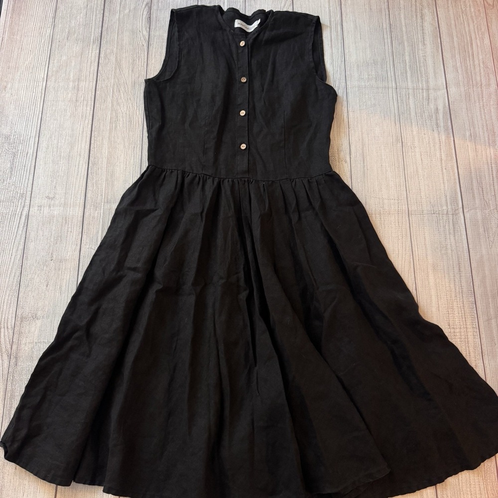 Mantaikotai Women's Black 100% Linen Midi Dress Size Large Button Front Summer